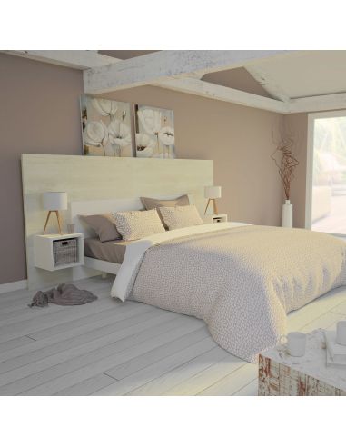 Pack Tête de lit avec 2 chevets en Bois, Coloris Bois Flotté Crème et Blanc Mat,