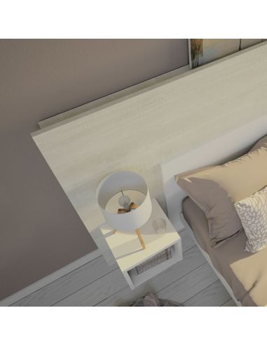 Pack Tête de lit avec 2 chevets en Bois, Coloris Bois Flotté Crème et Blanc Mat,