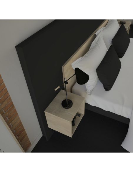 Pack Tête de lit avec 2 chevets en Bois, Graphite et Chêne Blond, Collection Fôret Noire