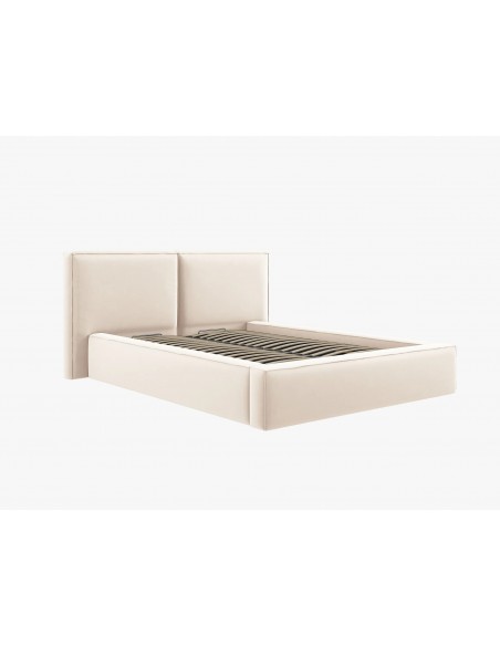 Lit Coffre en Velours Avec Tête de Lit Double, Couleur Beige Clair, Jodie, Marque Micadoni
