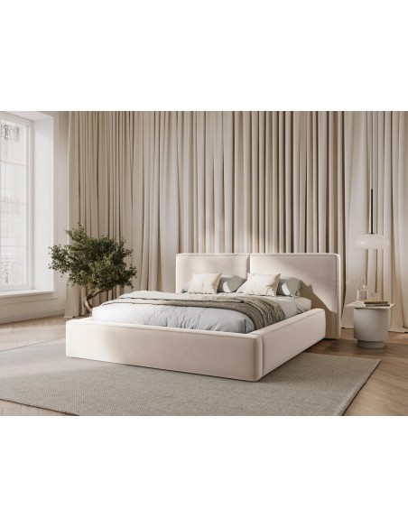 Lit Coffre en Velours Avec Tête de Lit Double, Couleur Beige Clair, Jodie, Marque Micadoni