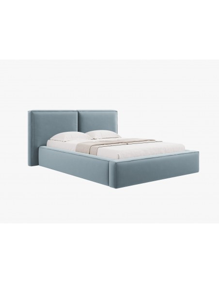 Lit Coffre en Velours Avec Tête de Lit Double, Couleur Bleu Clair, Jodie, Marque Micadoni