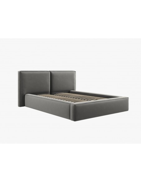Lit Coffre en Velours Avec Tête de Lit Double, Couleur Gris Clair, Jodie, Marque Micadoni