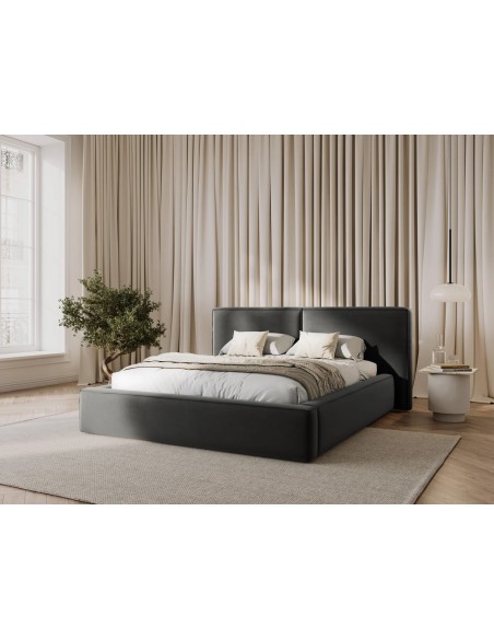 Lit Coffre en Velours Avec Tête de Lit Double, Couleur Gris Clair, Jodie, Marque Micadoni