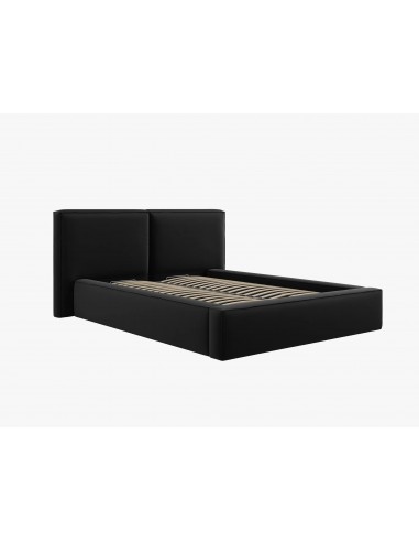 Lit Coffre en Velours Avec Tête de Lit Double, Couleur Noir, Jodie, Marque Micadoni