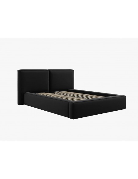 Lit Coffre en Velours Avec Tête de Lit Double, Couleur Noir, Jodie, Marque Micadoni