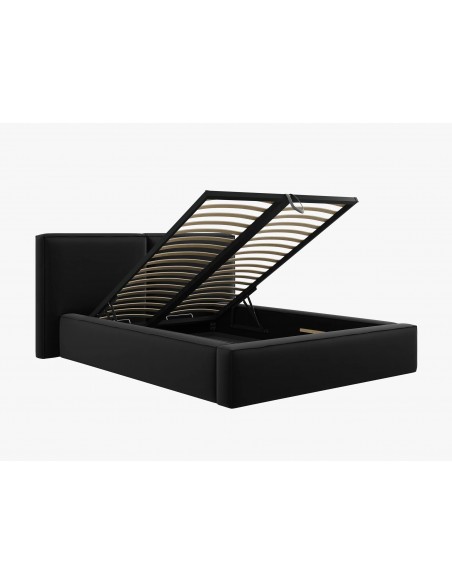 Lit Coffre en Velours Avec Tête de Lit Double, Couleur Noir, Jodie, Marque Micadoni
